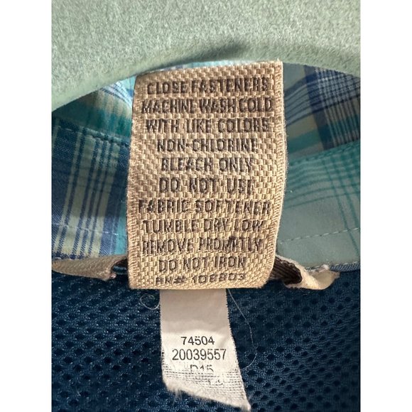 Duluth Trading Co women's size L blue aqua plaid zip pockets nylon button top - Picture 5 of 6